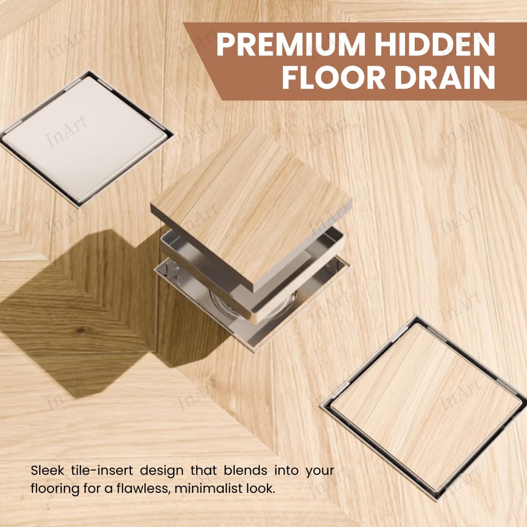 Side profile of brushed stainless square floor drain body with vertical outlet connection