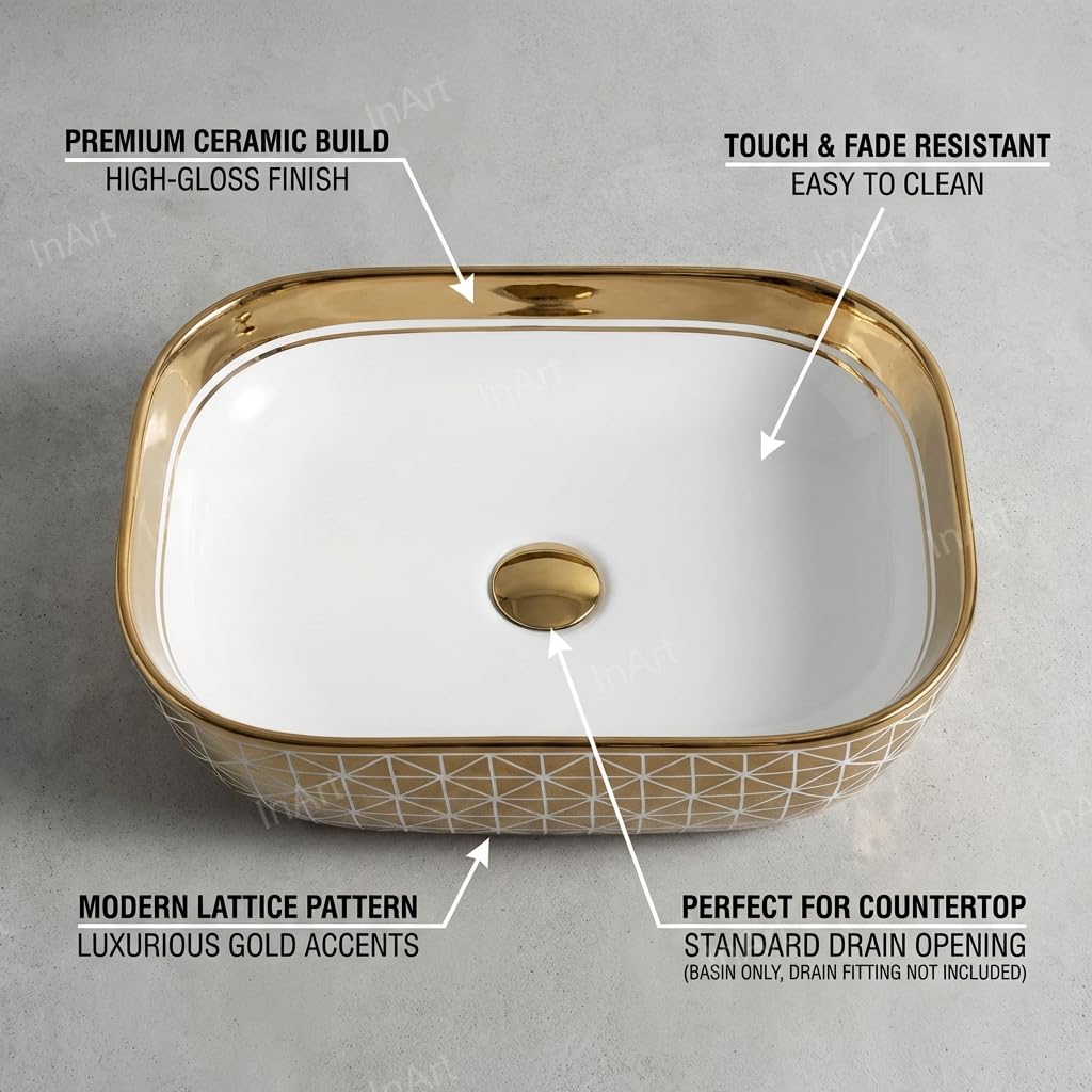Vessel sinks InArt gold rectangular ceramic tabletop wash basin 18x13x5 inch