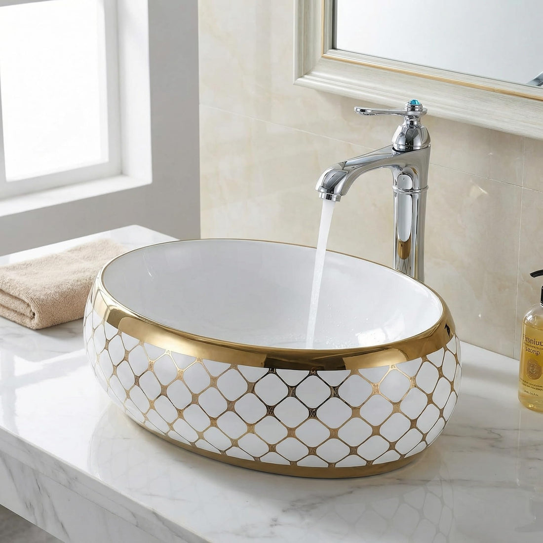 Vessel sinks for bathroom - InArt white and gold oval ceramic vessel sink 24x16 above counter wash basin