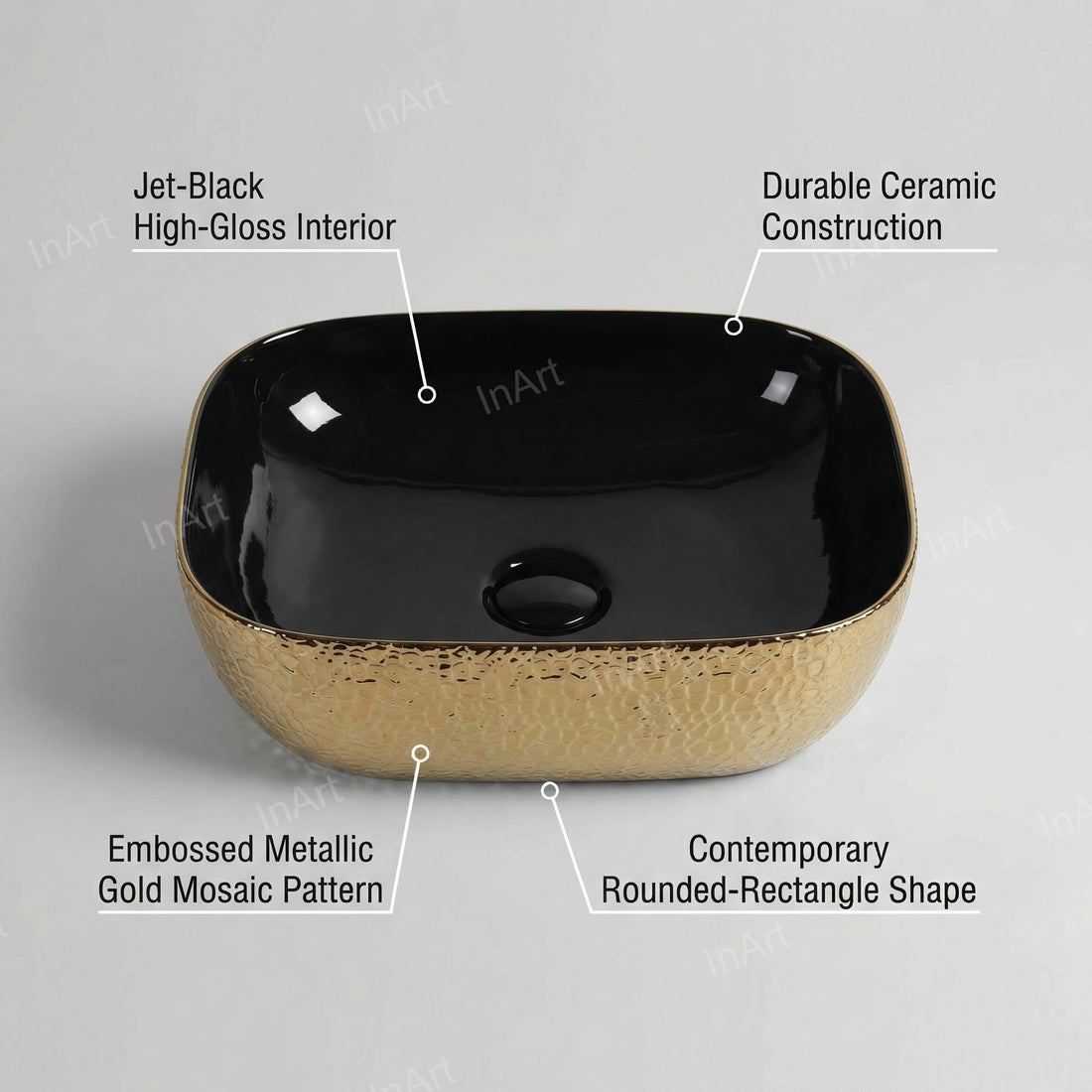 Vessel sinks for bathroom - InArt black and gold rectangular ceramic vessel sink 18x13 above counter basin