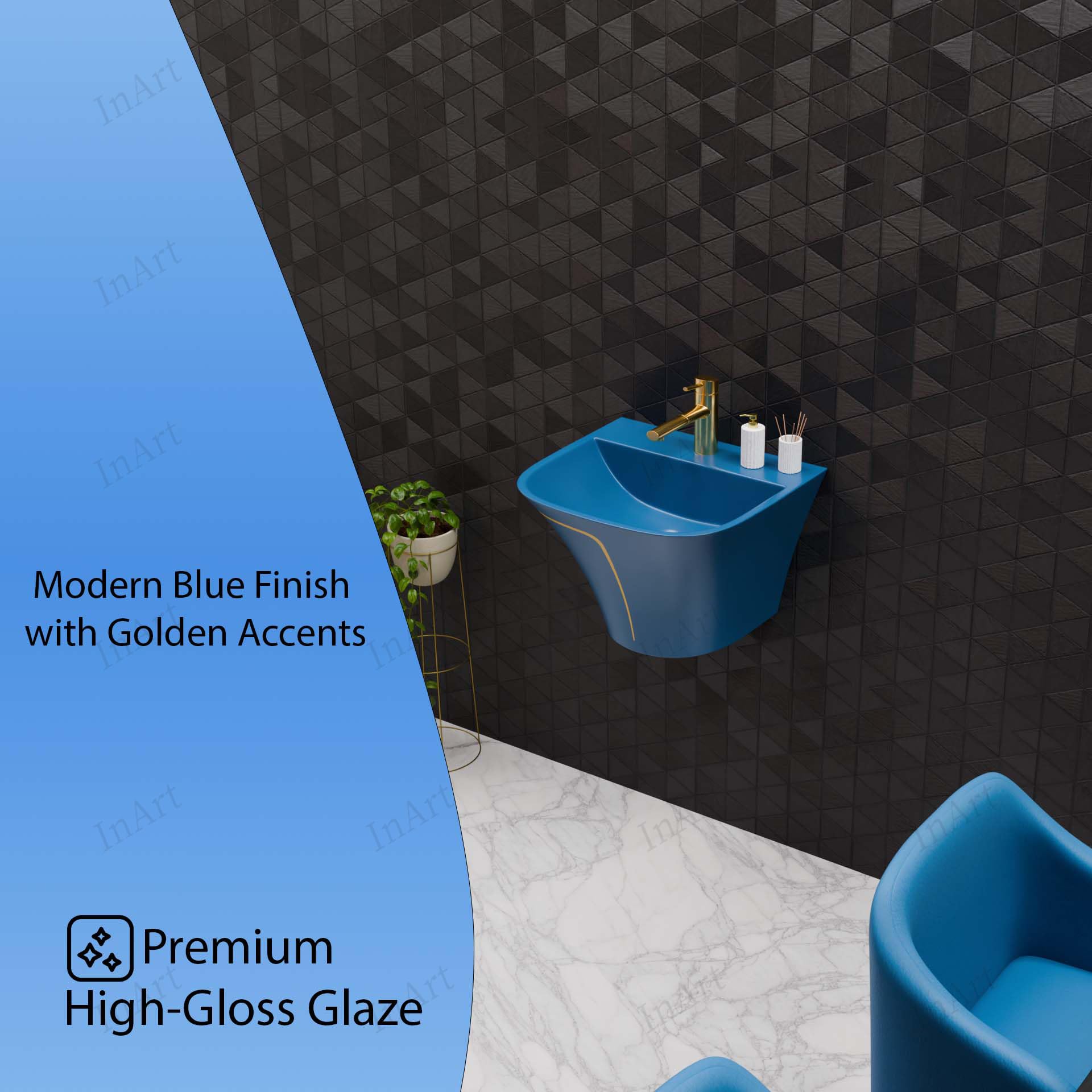 Rectangular D-front wall mounted sink, glazed ceramic basin in glossy blue with gold trim detail