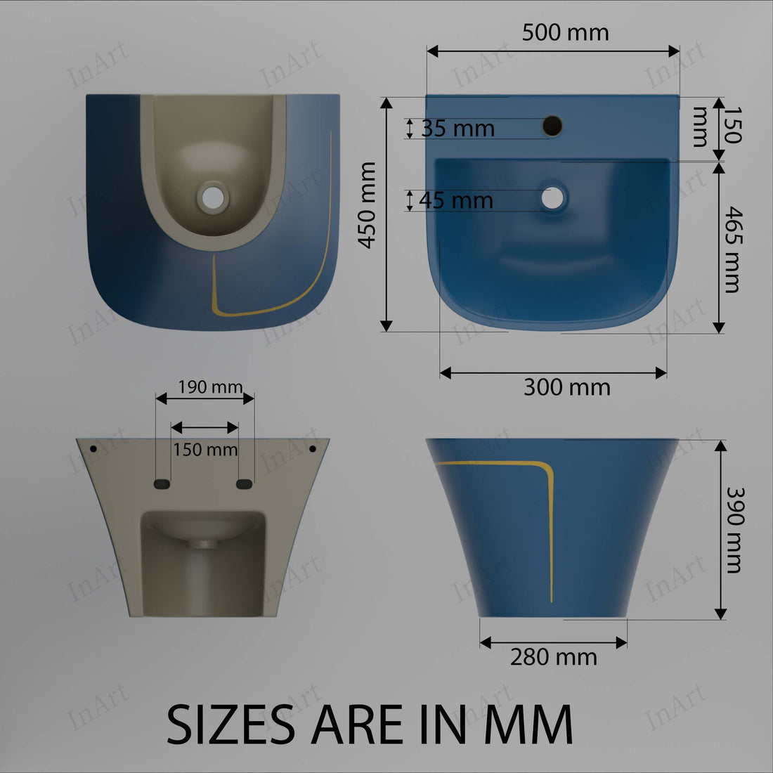 Wall mount bathroom sink in glazed ceramic, D-front rectangular shape, glossy blue with gold accent line