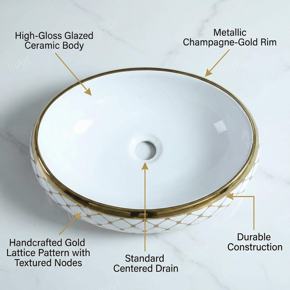 Vessel sinks for bathroom - InArt white and gold oval ceramic vessel sink 24x16 above counter wash basin