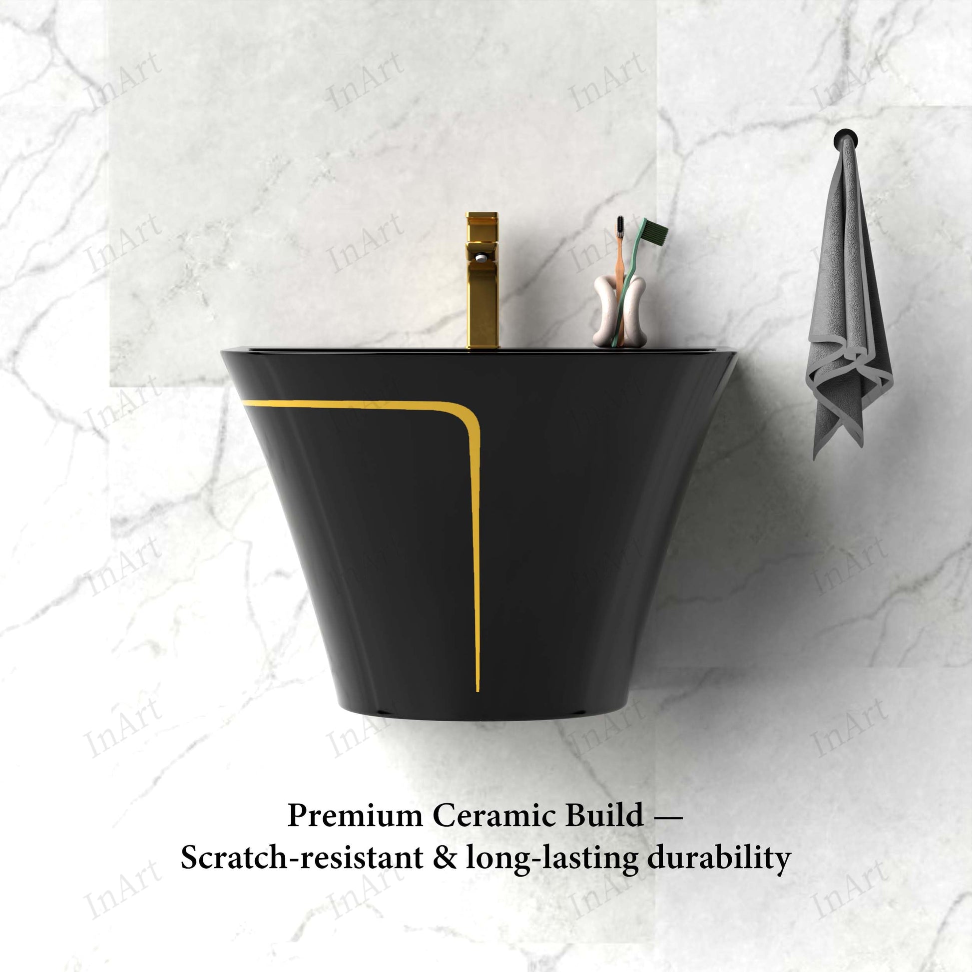 Gloss black ceramic wall-mounted sink showing single-hole faucet deck and overflow opening, rectangular shape