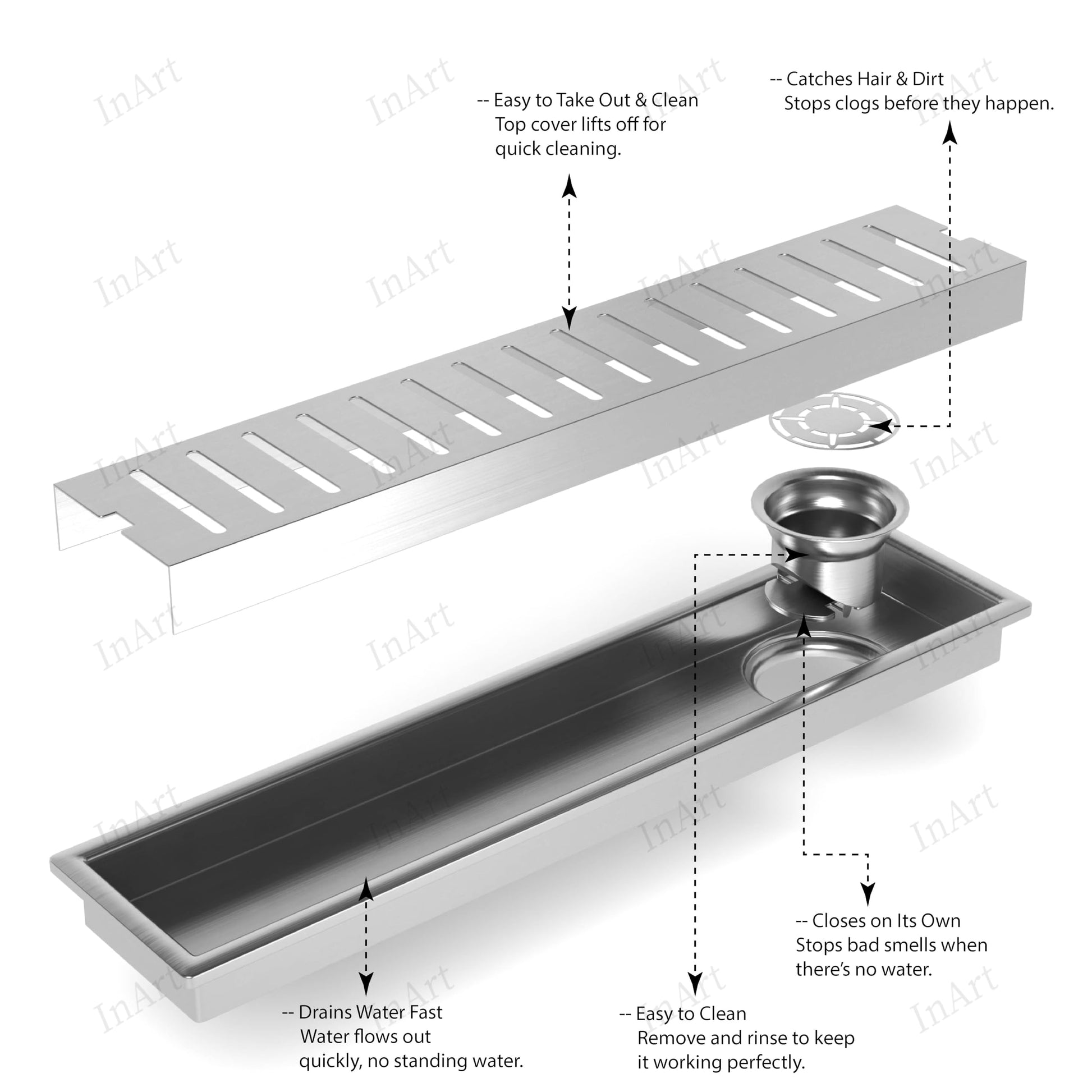 Internal removable insert and strainer assembly with odor trap for stainless steel linear shower drain