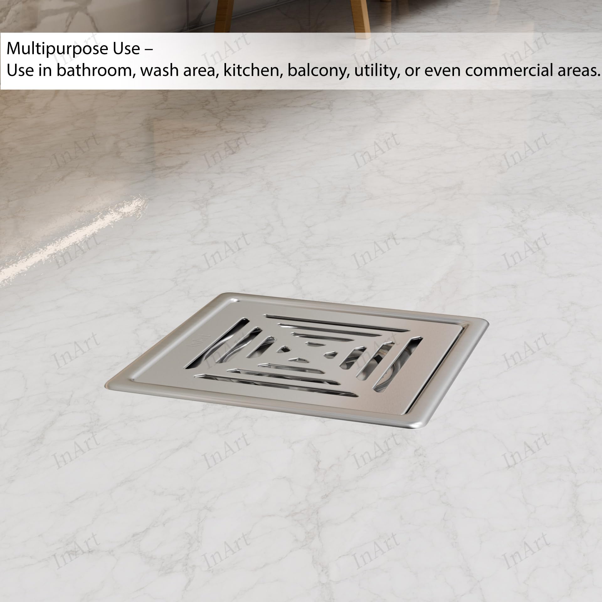 Top view of square brushed stainless shower drain cover with decorative slotted pattern