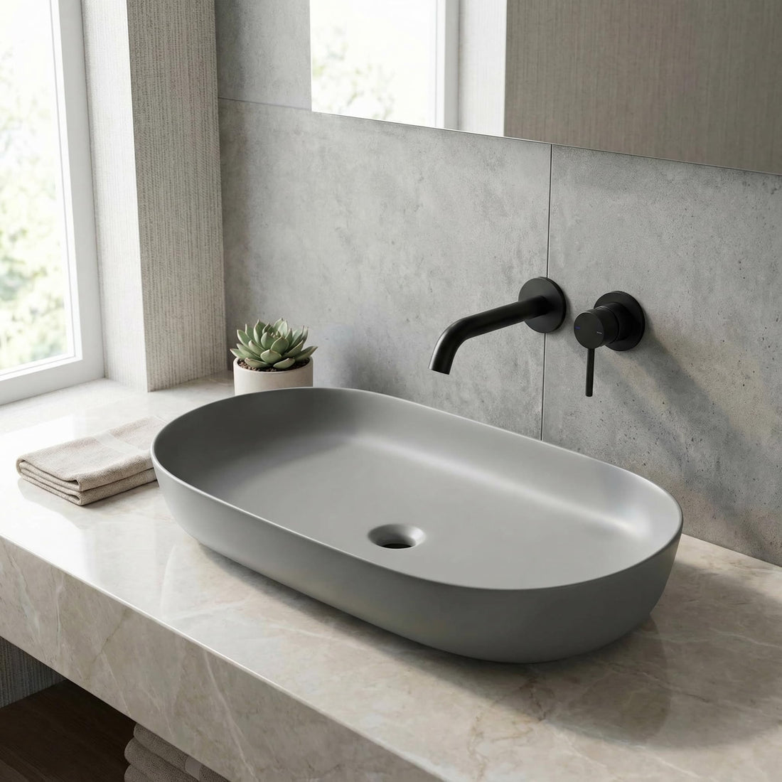 Rectangular vessel sink InArt matte gray ceramic table top wash basin 80x40cm counter basin