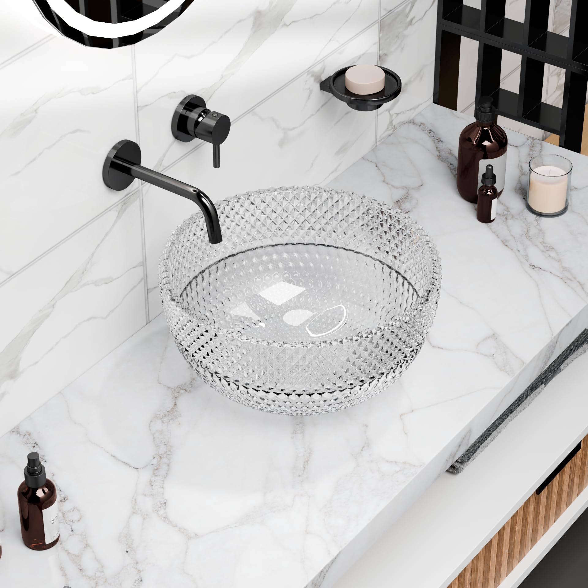 Clear textured glass round vessel sink bowl for bathroom vanity, above-counter installation