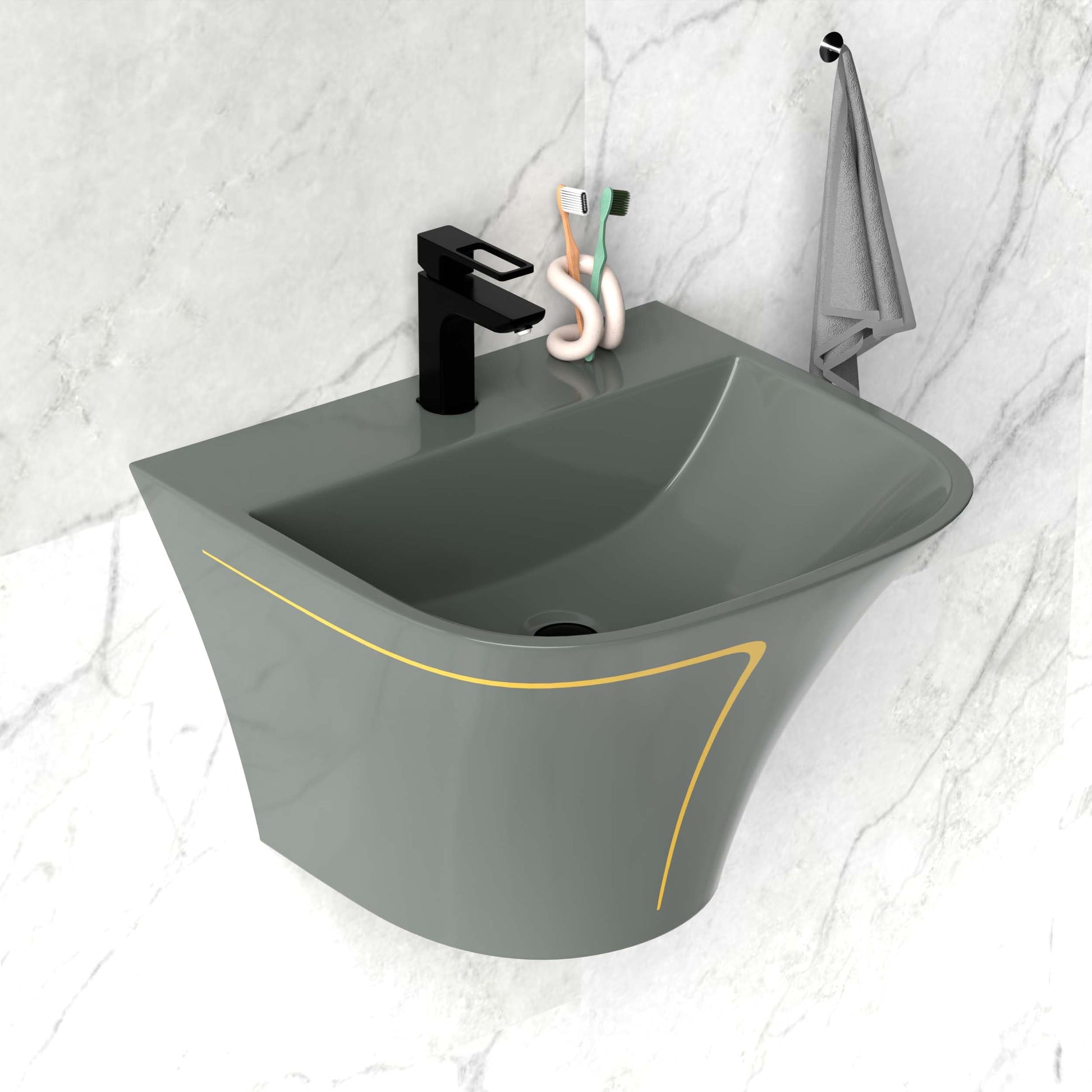 Wall mount bathroom sink, glazed ceramic soft-rectangle basin in glossy gray with gold accent line, front view
