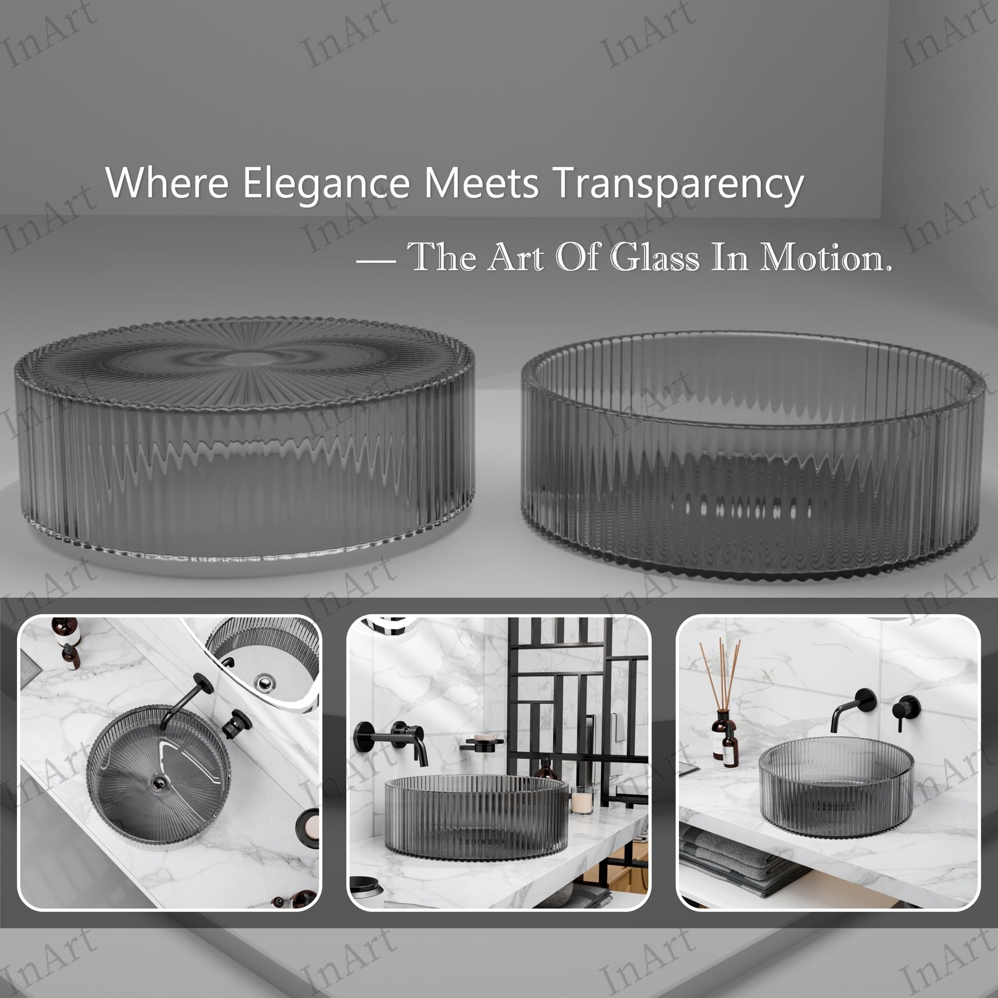 Angled view of fluted smoked gray tempered glass vessel sink for bathroom vanity, round above-counter bowl