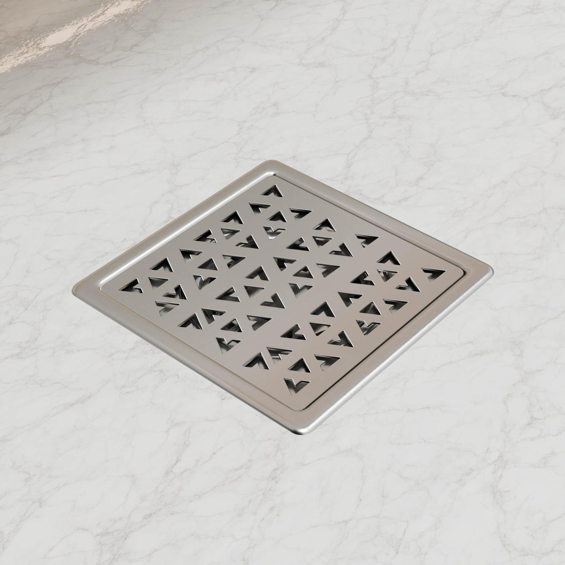 Square shower floor drain grate, 304 stainless steel, brushed finish, triangle cutout pattern, 5x5