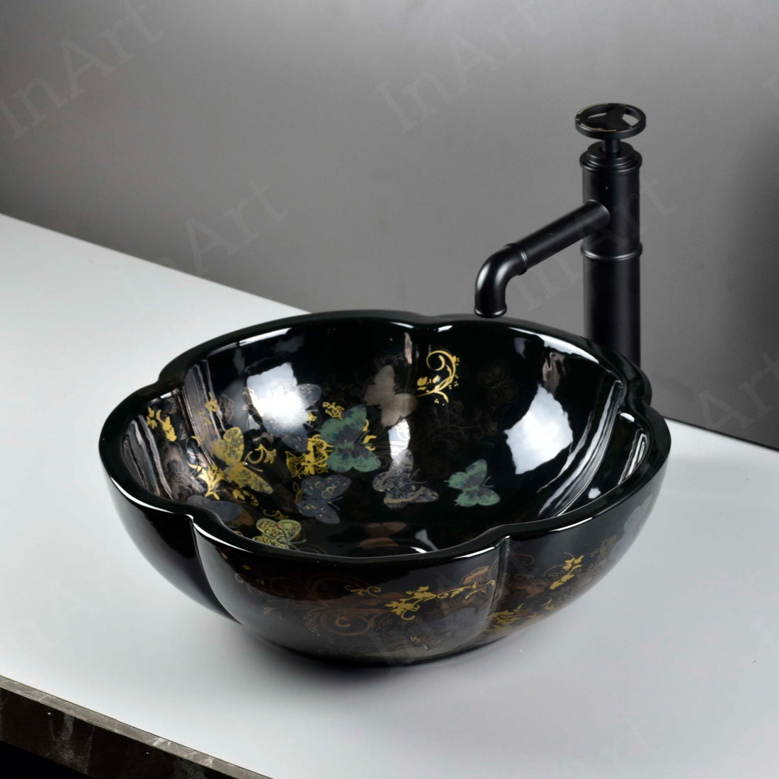 Vessel sink for bathroom, glazed ceramic round bowl in glossy black with gold floral pattern, above-counter basin