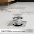 Stainless steel square floor drain with removable grate and cup-style strainer insert, brushed finish