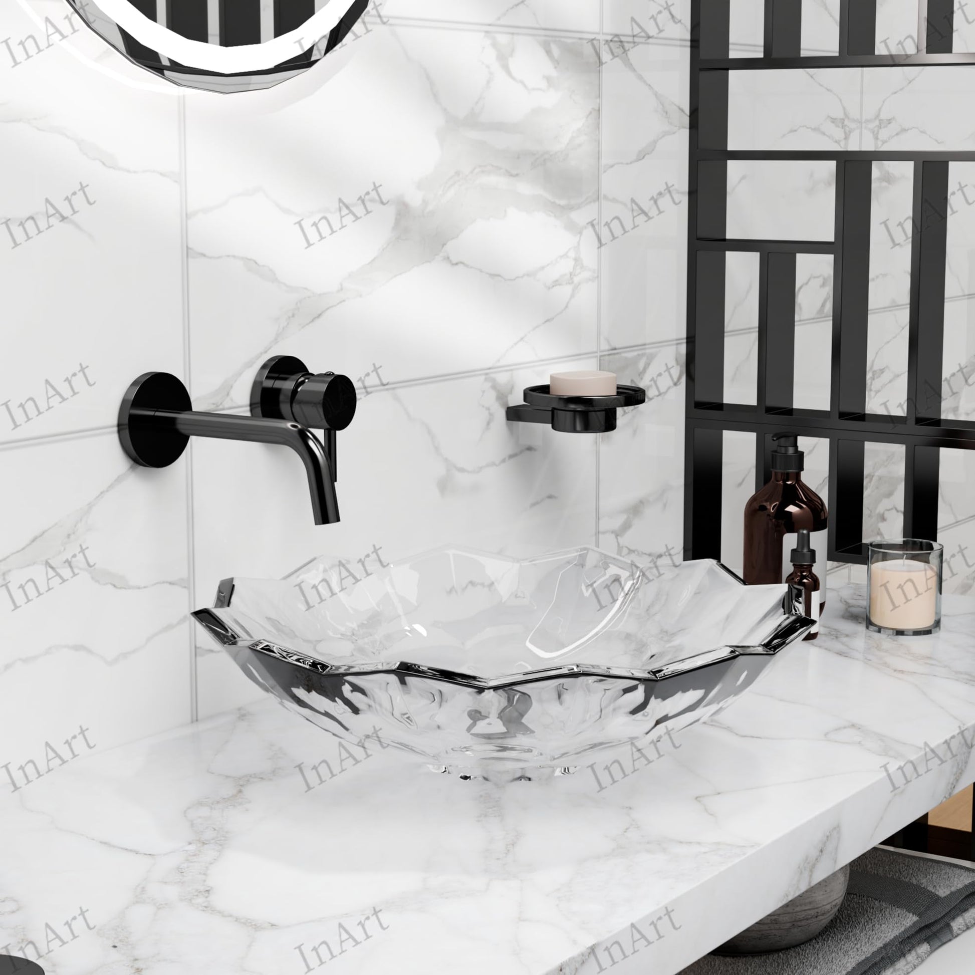 Angled view of glossy clear glass vessel sink highlighting prism-cut reflective finish