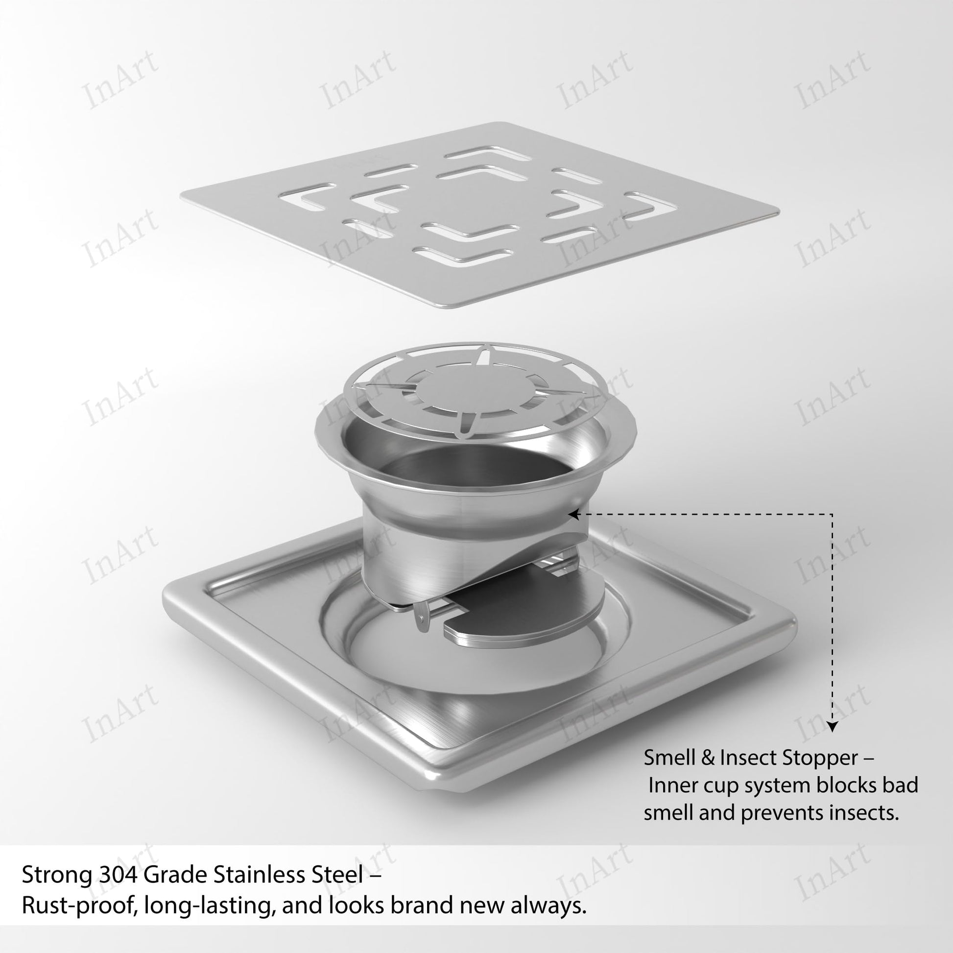 304 stainless steel square shower floor drain assembly showing frame, grate, and cup insert