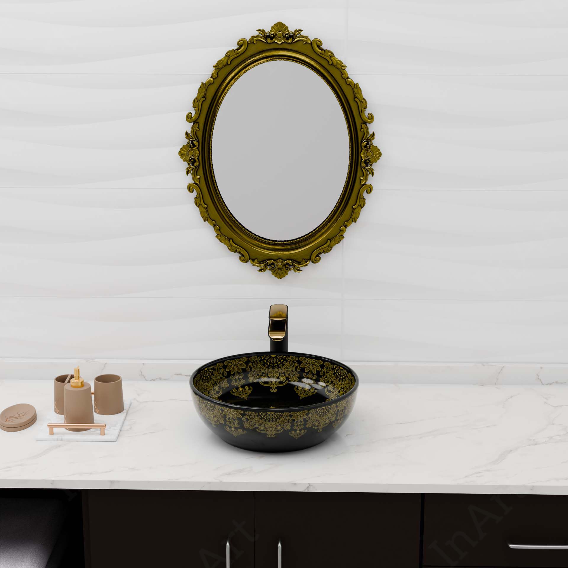 Modern bathroom vessel sink bowl, round glazed ceramic in glossy black with gold ornamental band