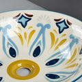 Bowl sinks for the bathroom close-up, glossy ceramic round wash basin with hand-painted blue pattern