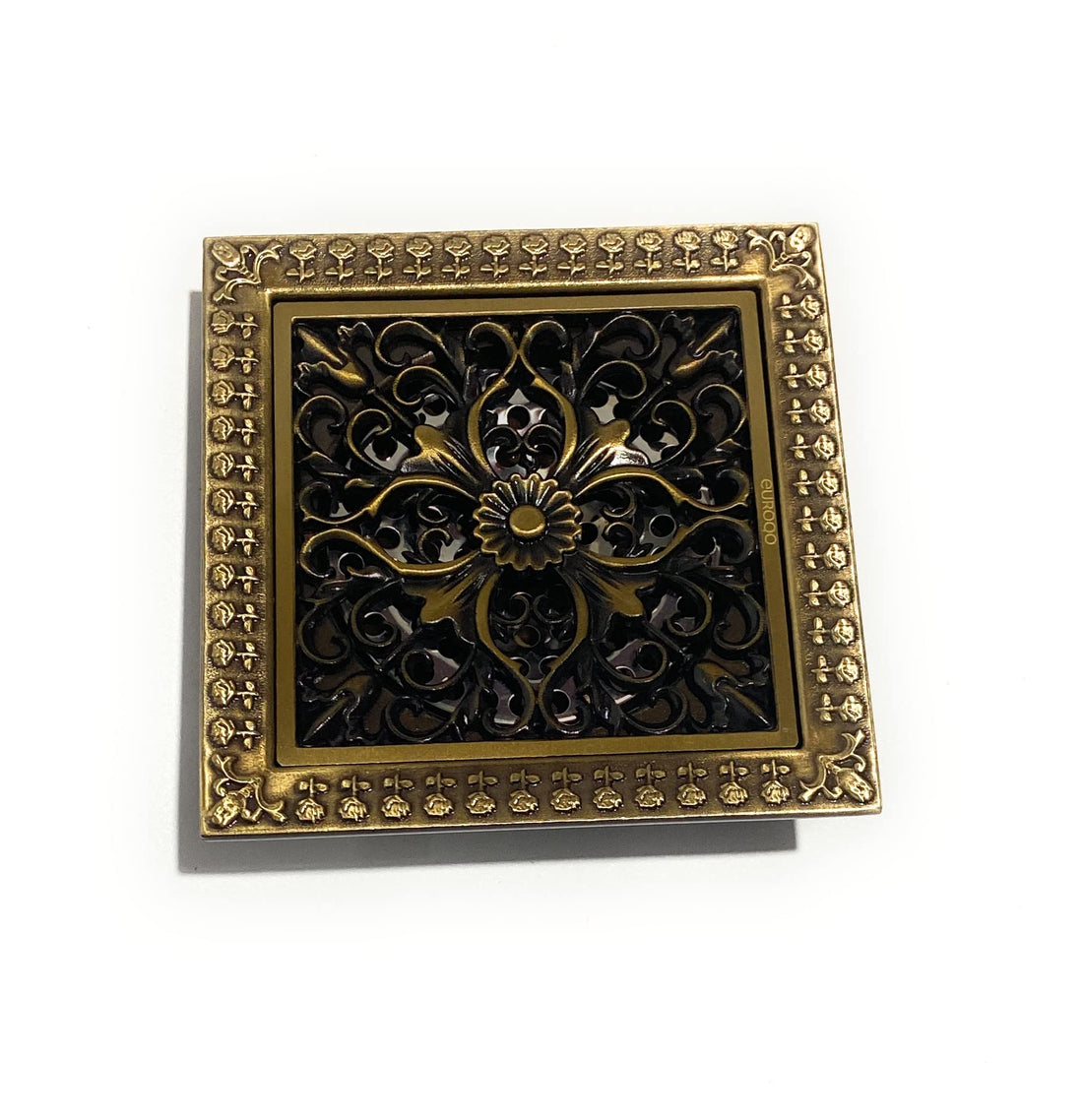 Square shower drain cover in brass with antique bronze finish, 4 inch outlet floor drain grate