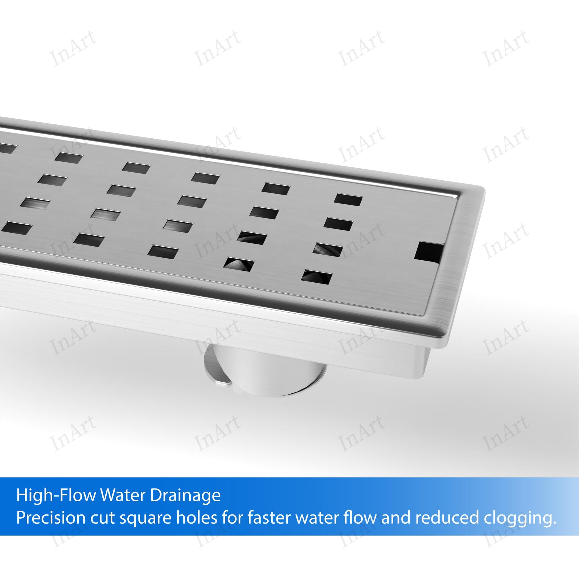 Top view of rectangular stainless steel shower drain grate cover with square-hole pattern