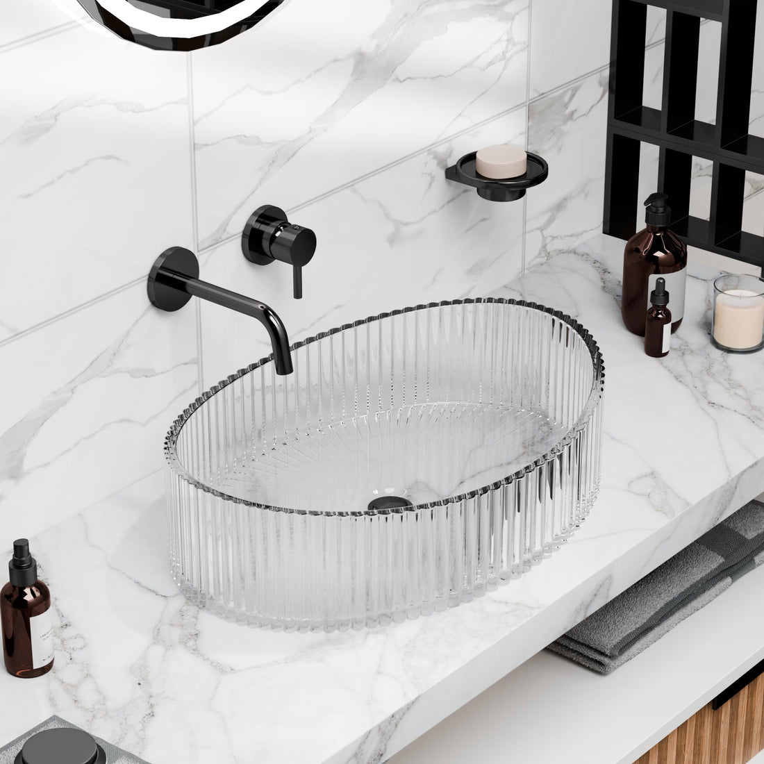 Clear glass vessel sink oval ribbed fluted above-counter bathroom basin with center drain