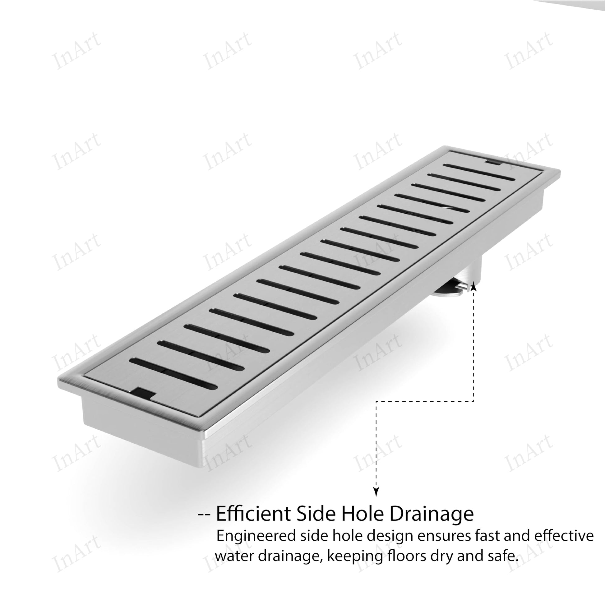 Installed look: flush tile shower floor with brushed stainless steel linear drain grate