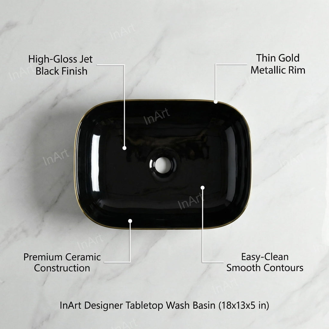 Vessel sinks InArt glossy black gold rectangular ceramic wash basin 18x13 countertop bathroom sink