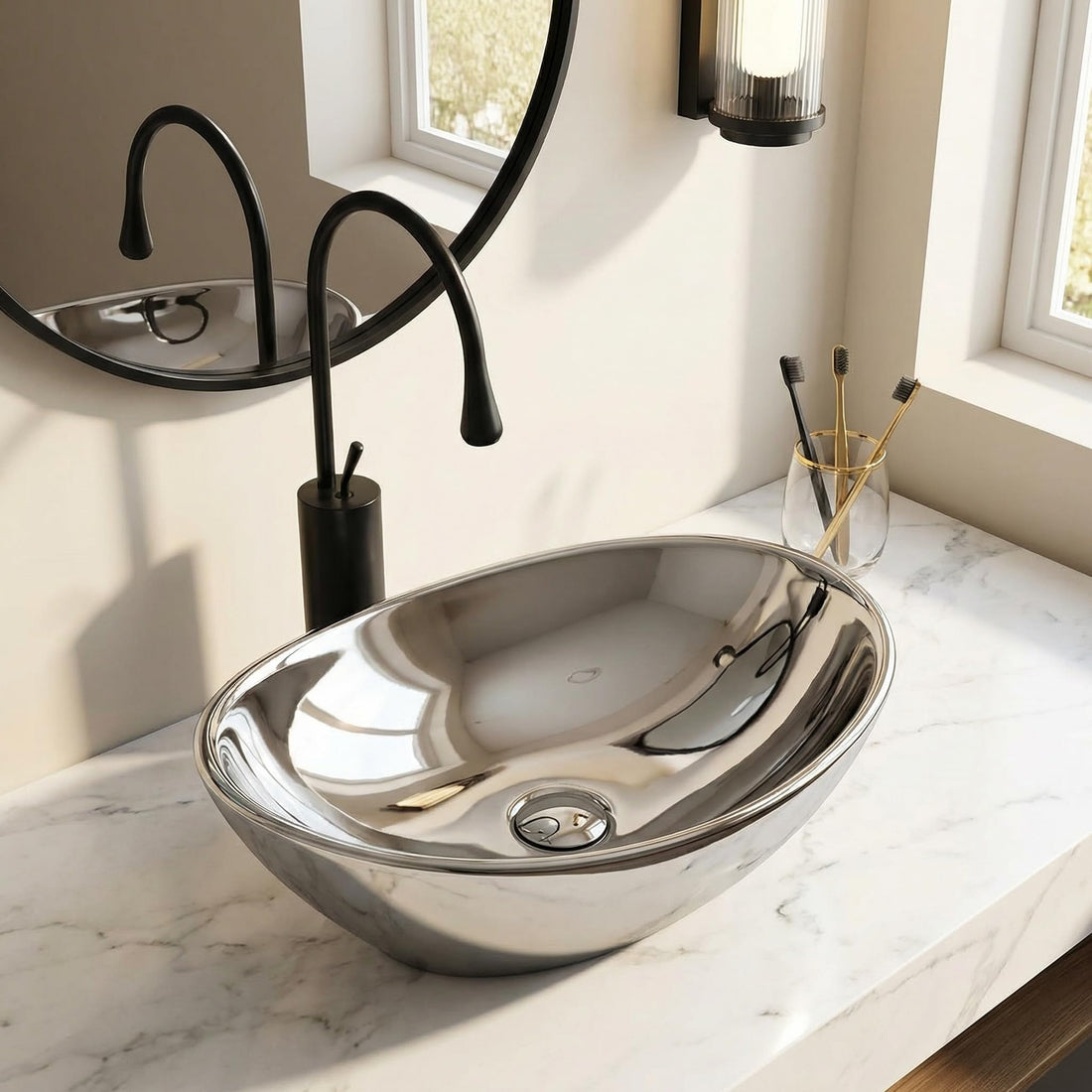 Vessel sinks for bathroom - InArt ceramic oval silver vessel sink 16x13x6 tabletop wash basin