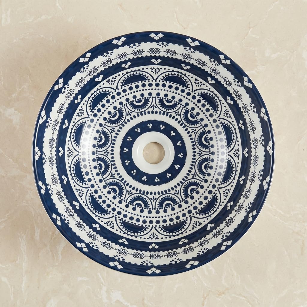 Round vessel sink InArt ceramic tabletop wash basin, Mexican Blue glossy, 39cm round bathroom basin