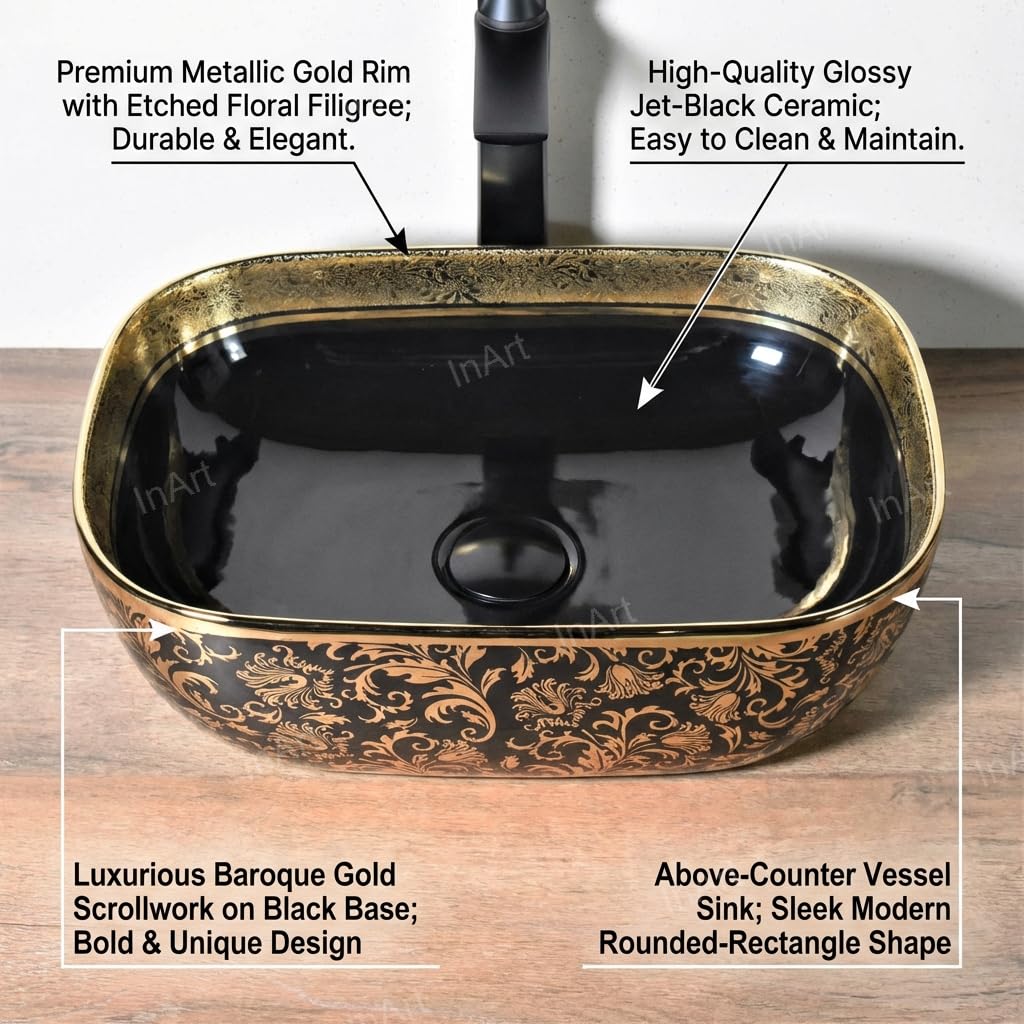 Ceramic vessel sink InArt glossy black and gold oval countertop wash basin for bathroom