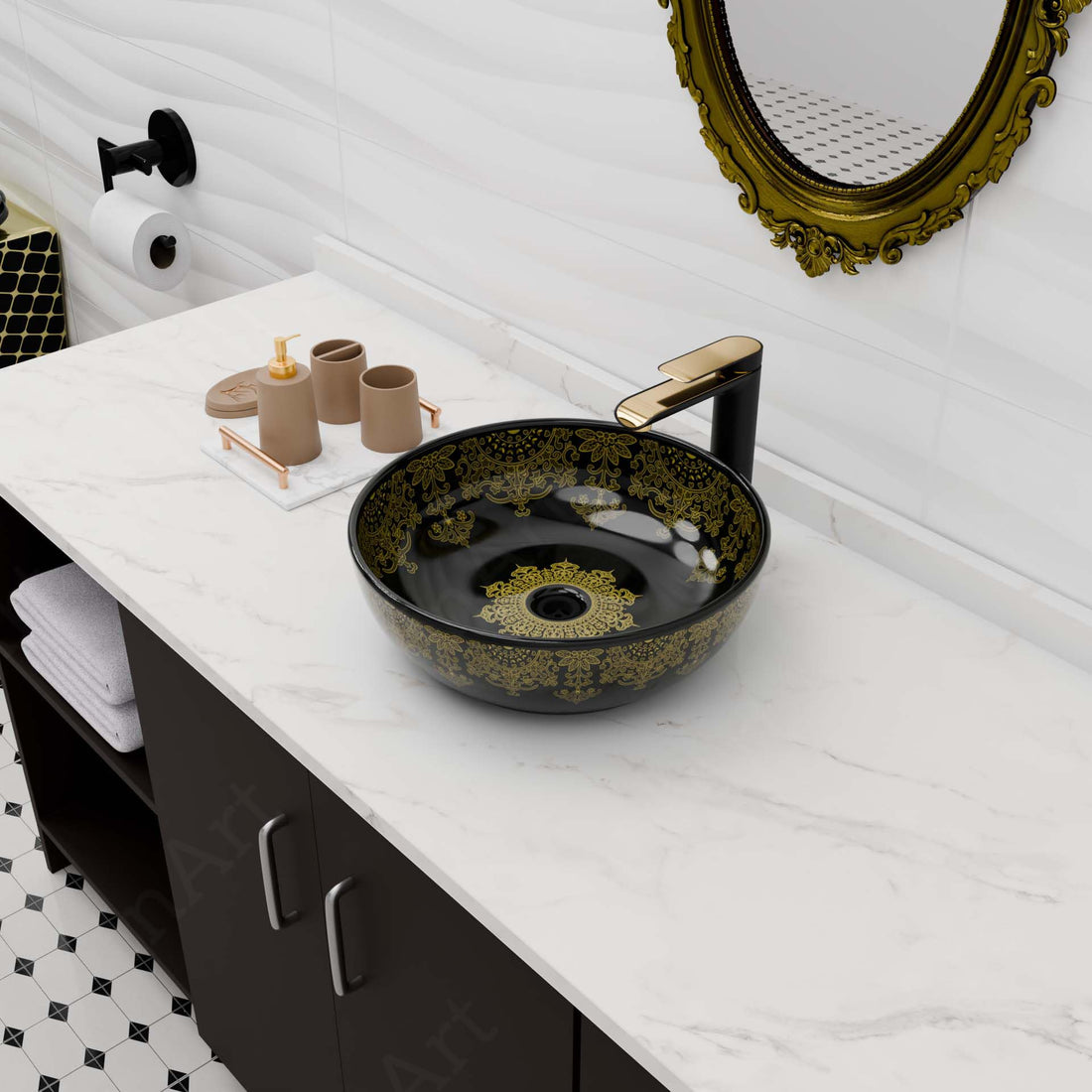 Above counter bathroom vessel sink, glazed ceramic round bowl, glossy black with gold pattern