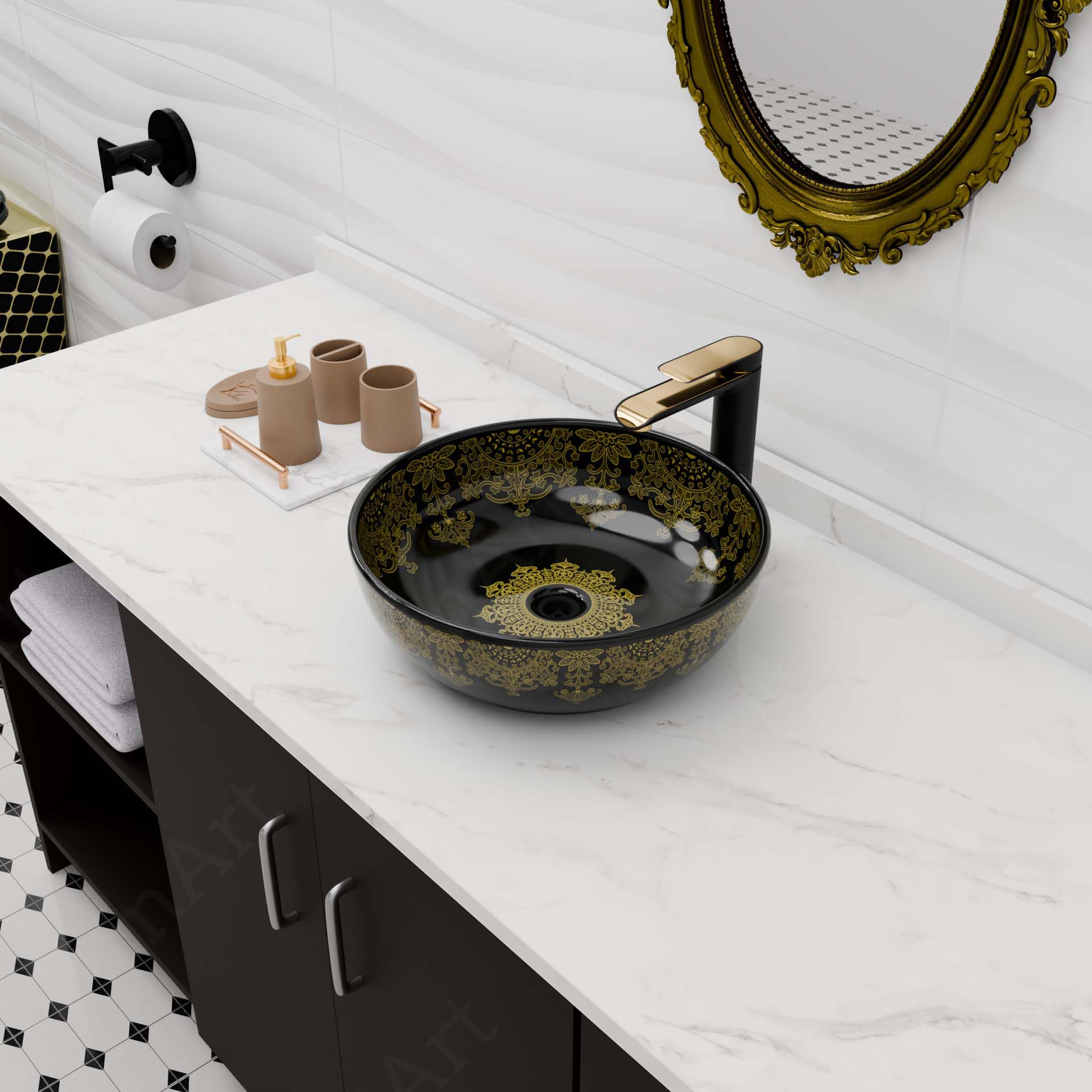 Round ceramic vessel sink bowl for bathroom vanity, glossy black finish with gold floral detailing