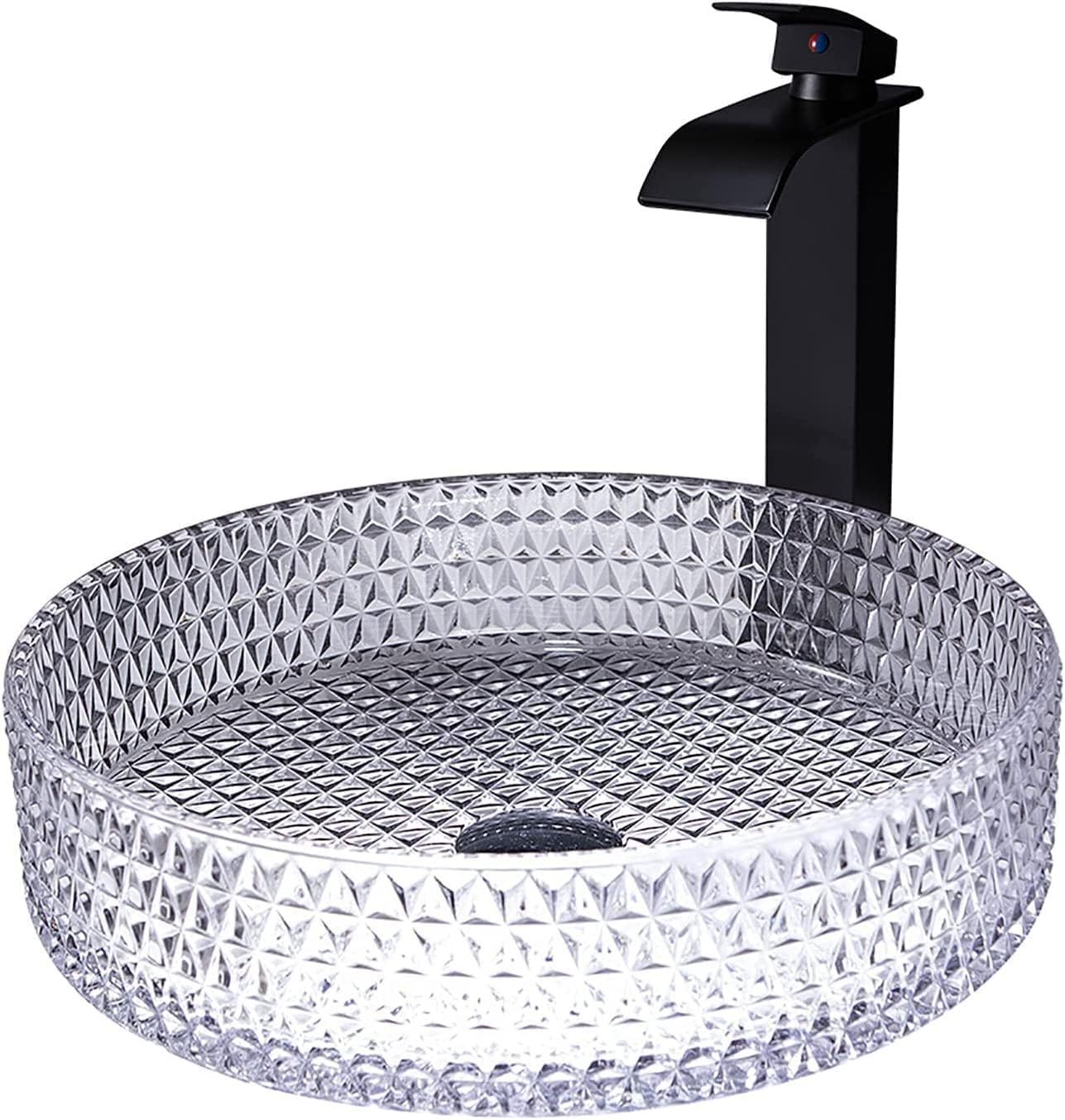 Modern clear tempered glass round vessel sink bowl for bathroom vanity, detail of glossy texture