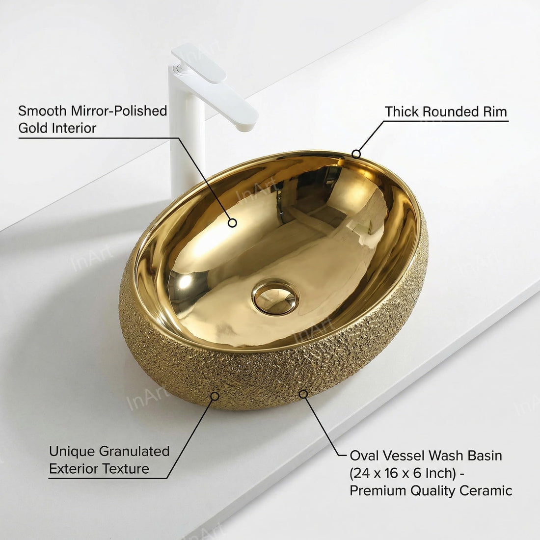Vessel sinks for bathroom: InArt gold oval ceramic vessel sink 24x16 above counter wash basin