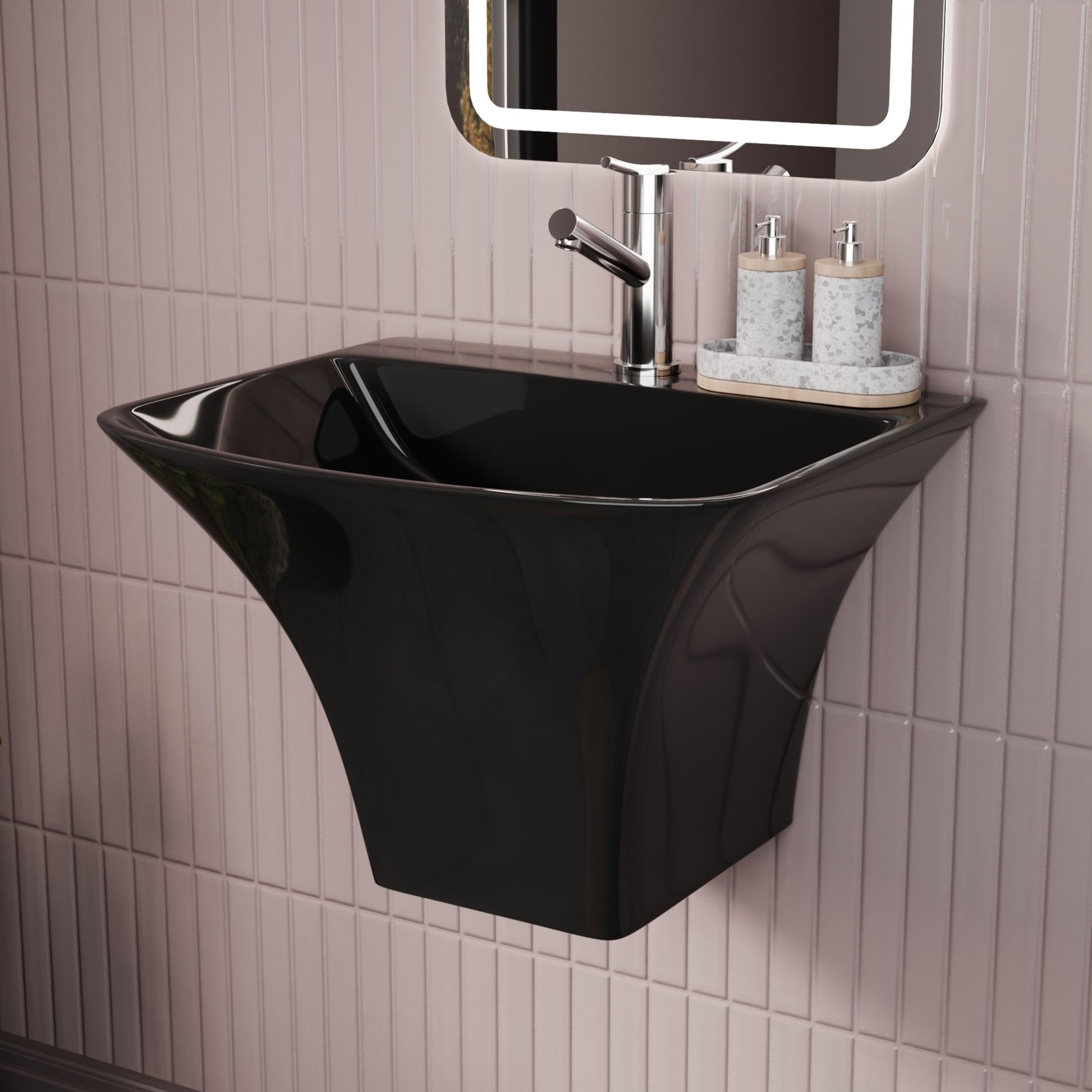 Glossy black ceramic rectangular wall-mount bathroom sink with integrated half pedestal, front view