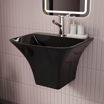 Glossy black ceramic rectangular wall-mount bathroom sink with integrated half pedestal, front view