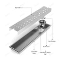 Side outlet connection detail on brushed stainless steel linear shower floor drain channel body