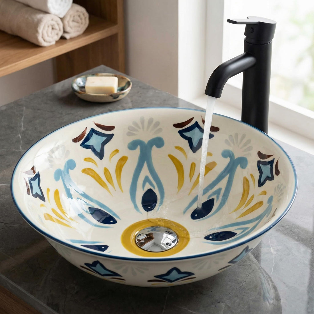 Vessel bowl vanity InArt ceramic round tabletop wash basin, Mexican blue designer pattern