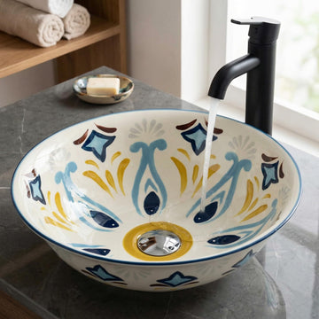 Vessel bowl vanity InArt ceramic round tabletop wash basin, Mexican blue designer pattern