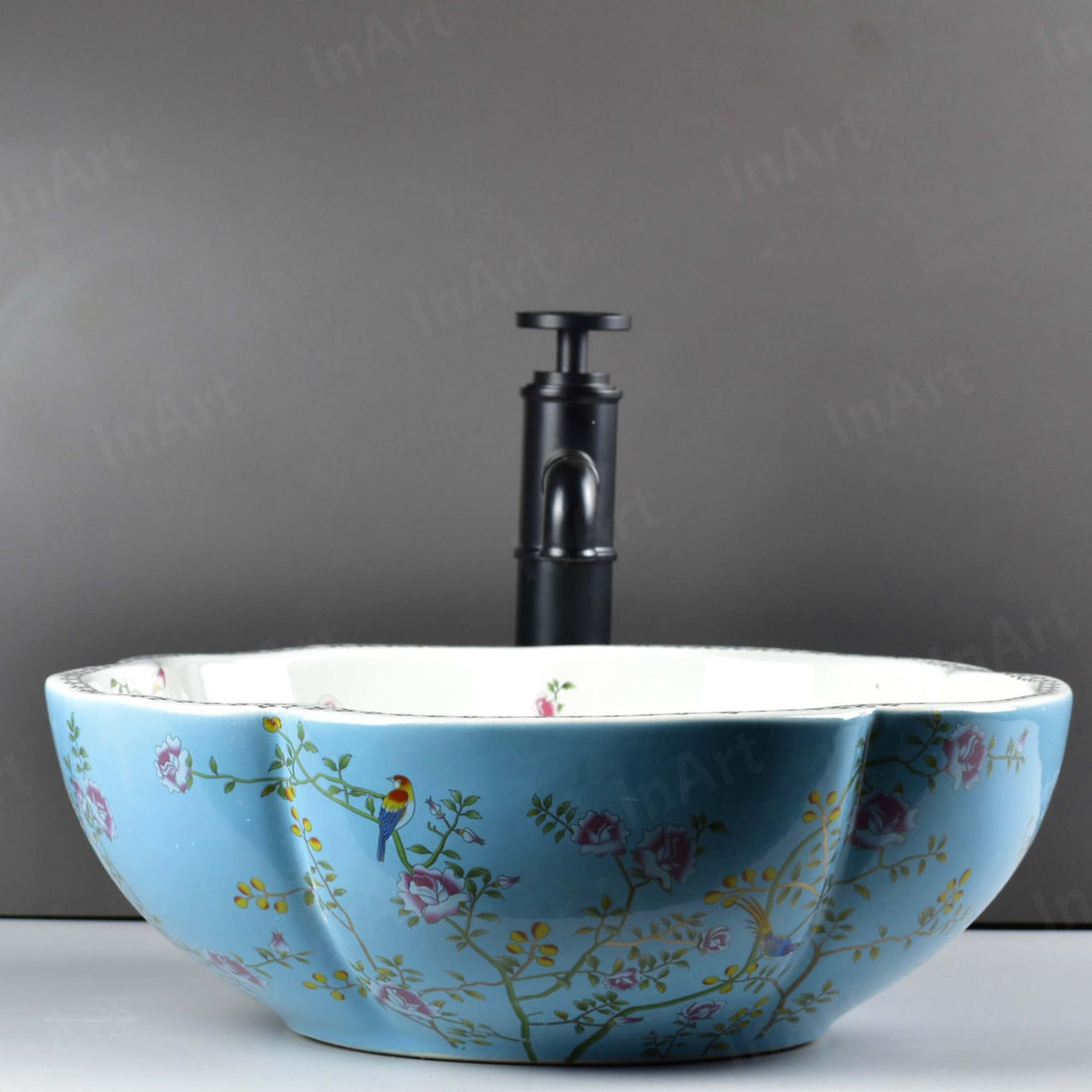 Bathroom vessel sink glazed ceramic round bowl with scalloped rim, glossy light blue floral bird exterior