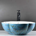 Ceramic round vessel sink for bathroom vanity, glossy white floral interior with decorative rim border
