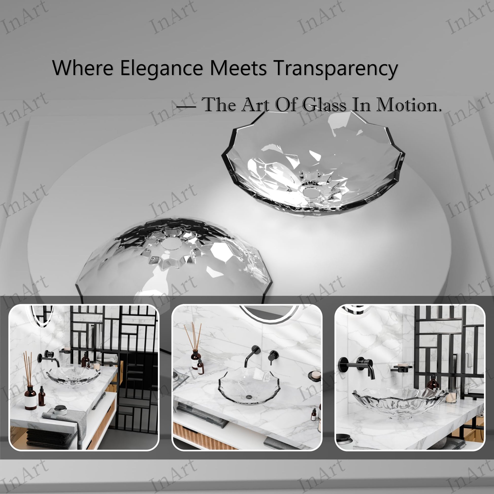 Side profile of clear faceted glass vessel sink showing 4.7-inch bowl depth