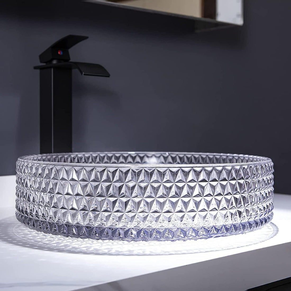 Round vessel sink bowl in clear tempered glass with diamond-cut textured pattern, top view