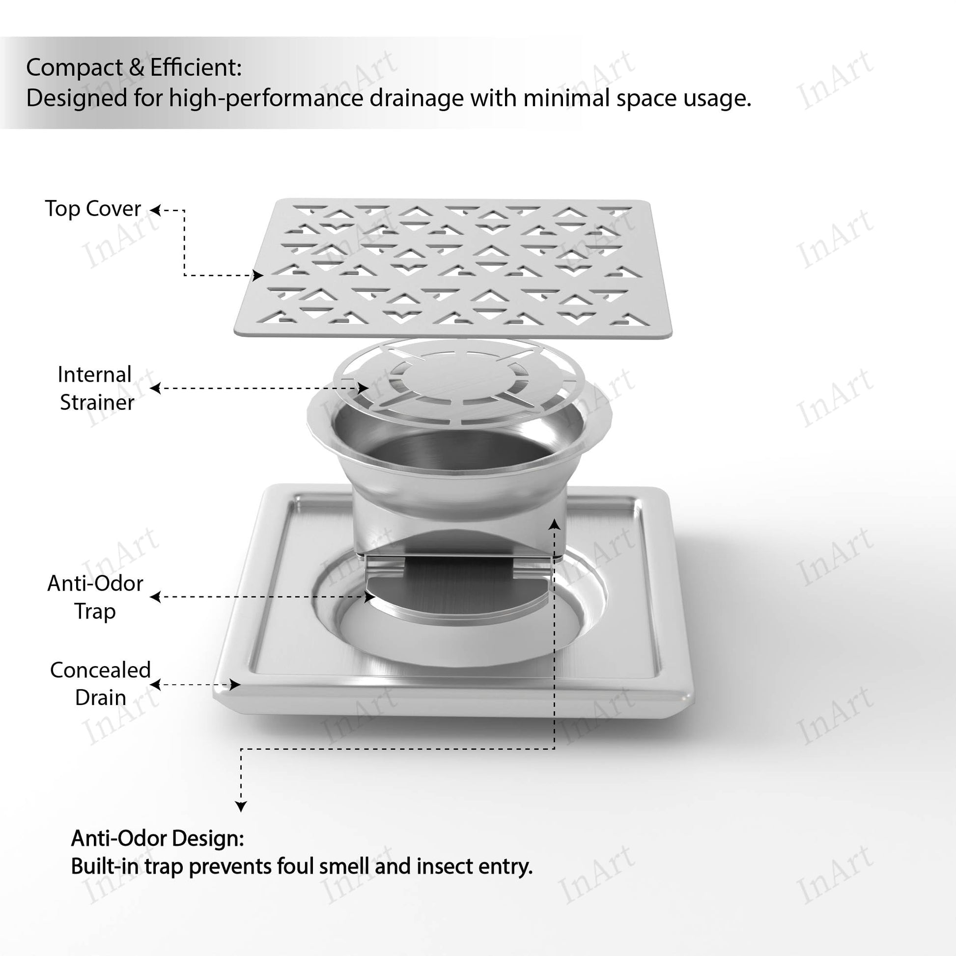 Top view of brushed stainless steel square shower drain cover with geometric triangle slots