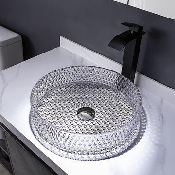 Round vessel sink bowl in clear tempered glass with diamond-cut textured pattern, top view