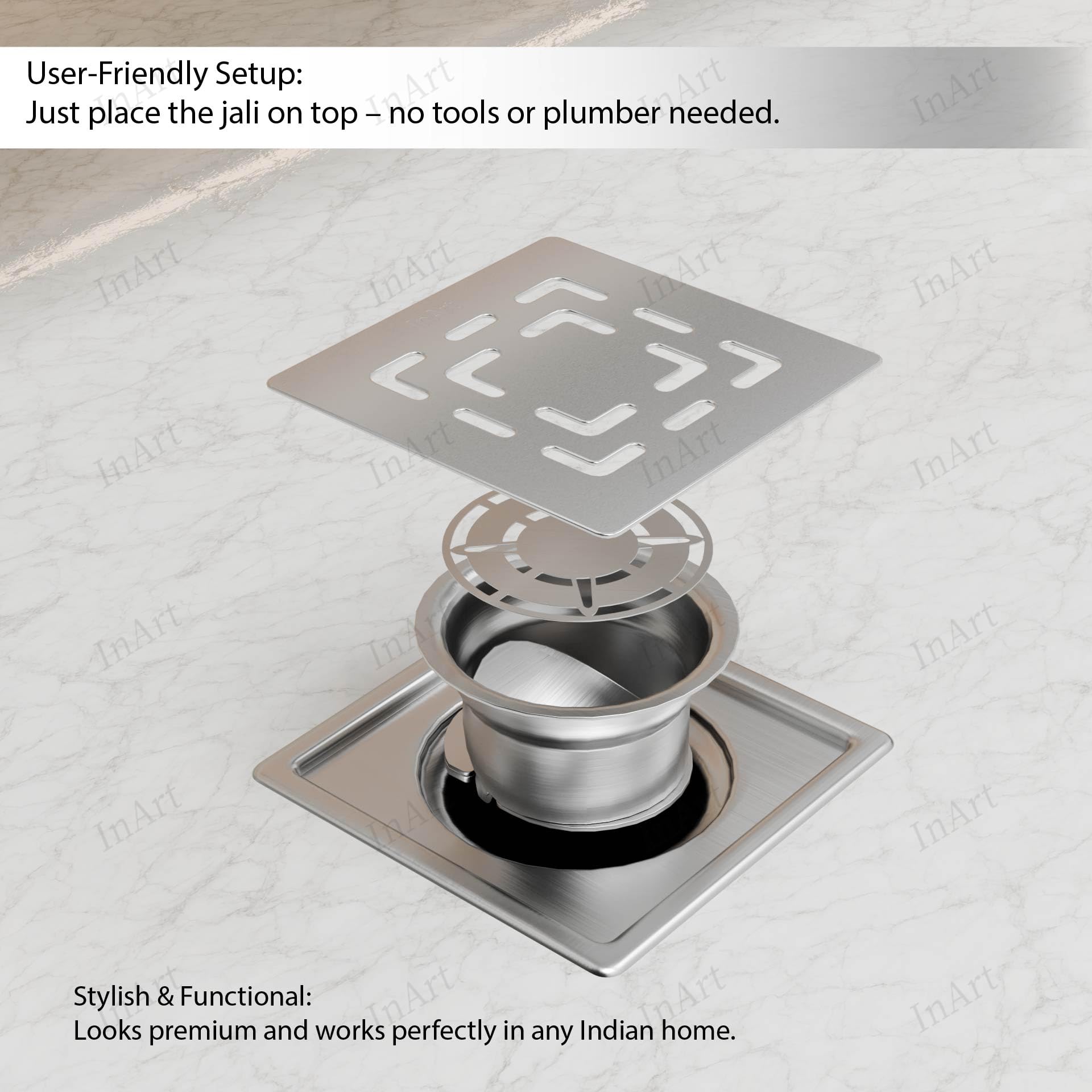 Angled view of brushed stainless square drain cover with chevron swirl slot pattern for shower floor