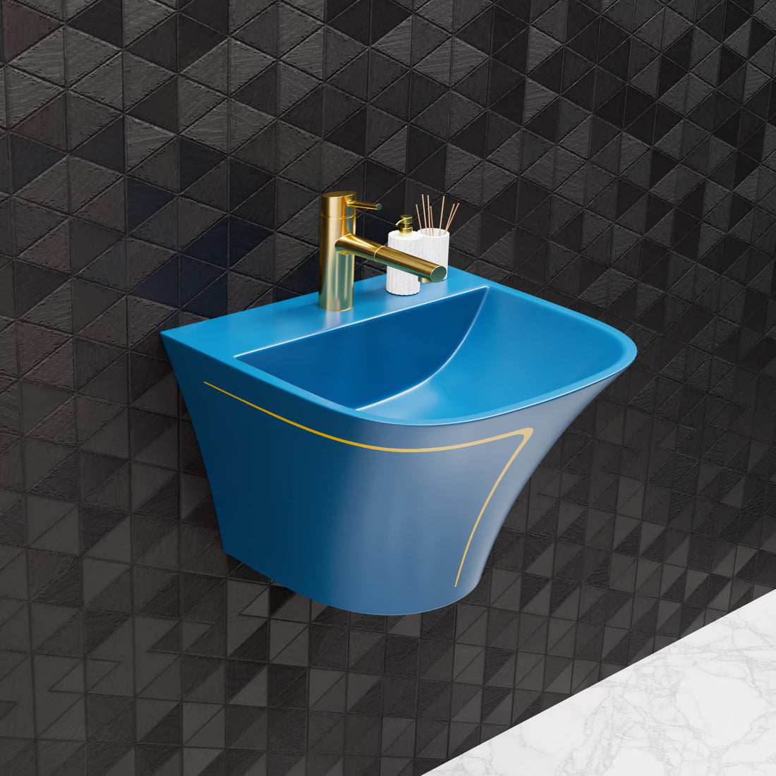 Wall mount bathroom sink in glazed ceramic, D-front rectangular shape, glossy blue with gold accent line