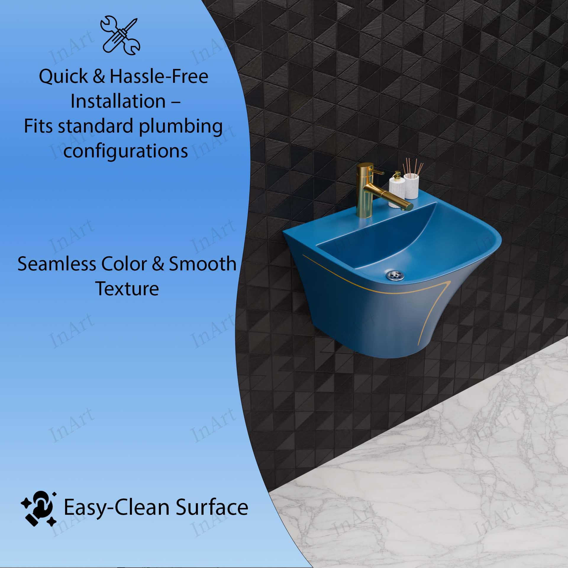 Top view of wall mount ceramic sink showing single faucet hole and smooth glazed blue basin