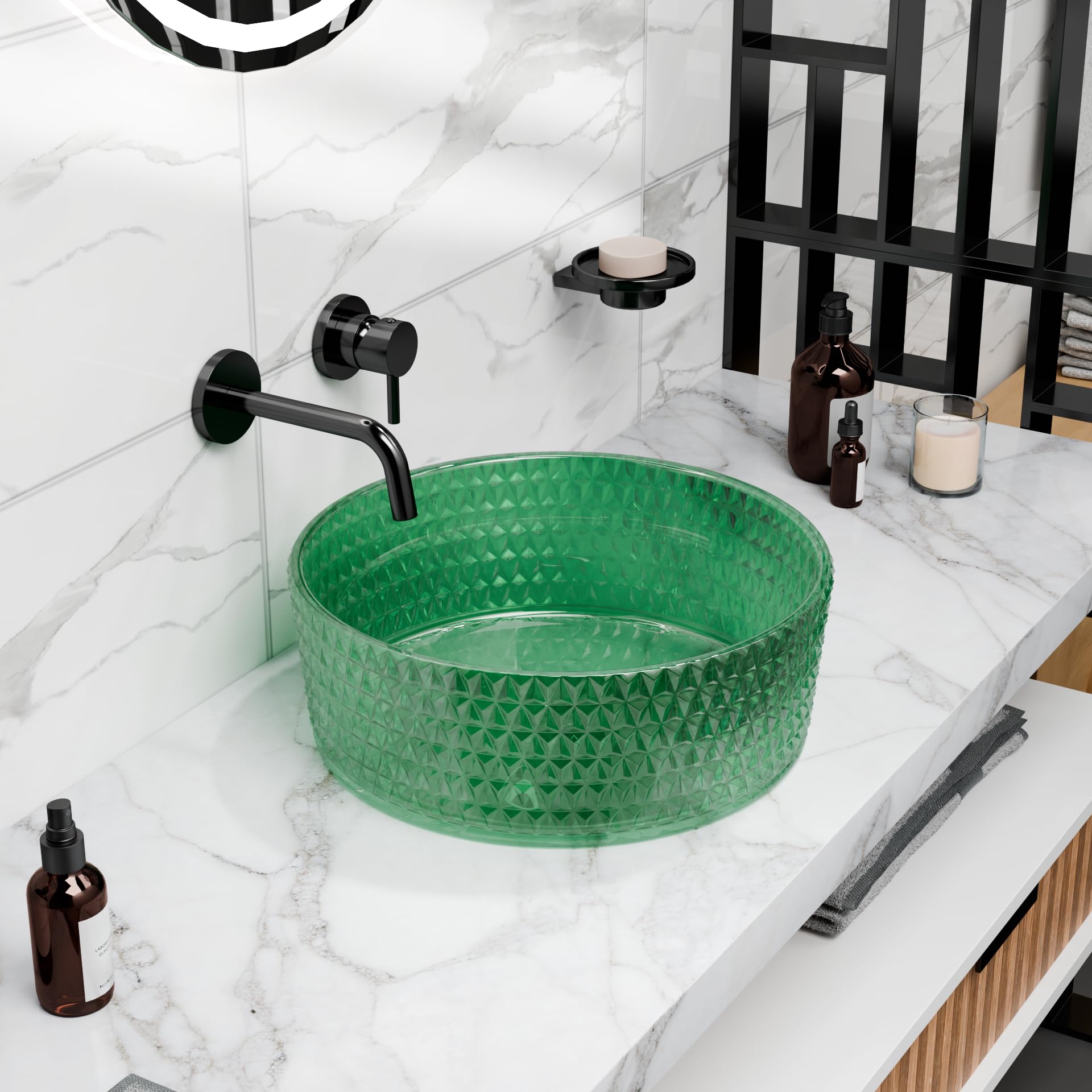 Round green tempered glass vessel sink with textured faceted exterior, above-counter bathroom basin