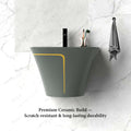 Rectangular glazed ceramic wall mount bathroom sink with flared half-pedestal body concealing plumbing, side view