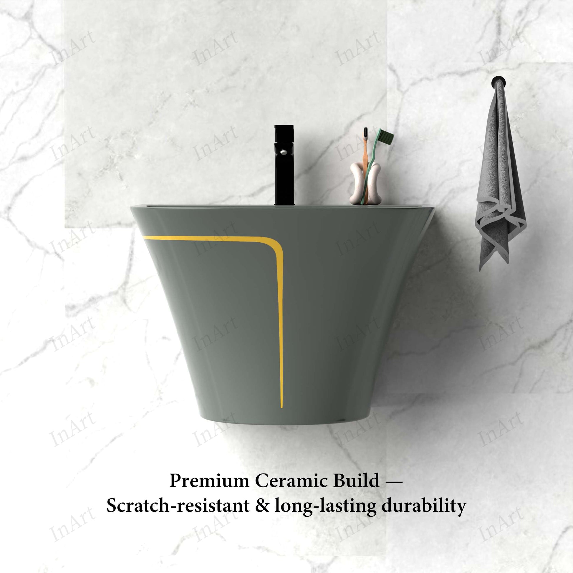 Rectangular glazed ceramic wall mount bathroom sink with flared half-pedestal body concealing plumbing, side view